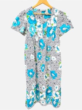 Loungees Blue Tropical Floral ShortSleeve Midi House Dress MuuMuu Women's Medium
